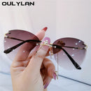 Oulylan Metal Trimming Sunglasses Women Trendy Rimless Cat Eye Sun Glasss Vintage Female Gradient Shades Blue Tea Eyewear UV400