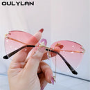 Oulylan Metal Trimming Sunglasses Women Trendy Rimless Cat Eye Sun Glasss Vintage Female Gradient Shades Blue Tea Eyewear UV400