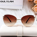 Oulylan Metal Trimming Sunglasses Women Trendy Rimless Cat Eye Sun Glasss Vintage Female Gradient Shades Blue Tea Eyewear UV400
