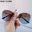 Oulylan Metal Trimming Sunglasses Women Trendy Rimless Cat Eye Sun Glasss Vintage Female Gradient Shades Blue Tea Eyewear UV400